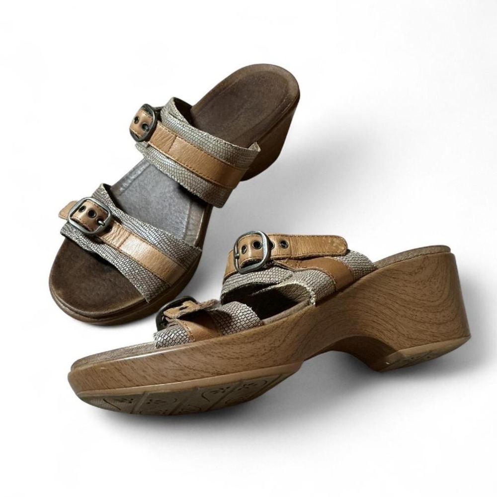 Y2K Dansko Brown Leather Wood Platform Buckle‎ Strap Wedge Sandals Size 39